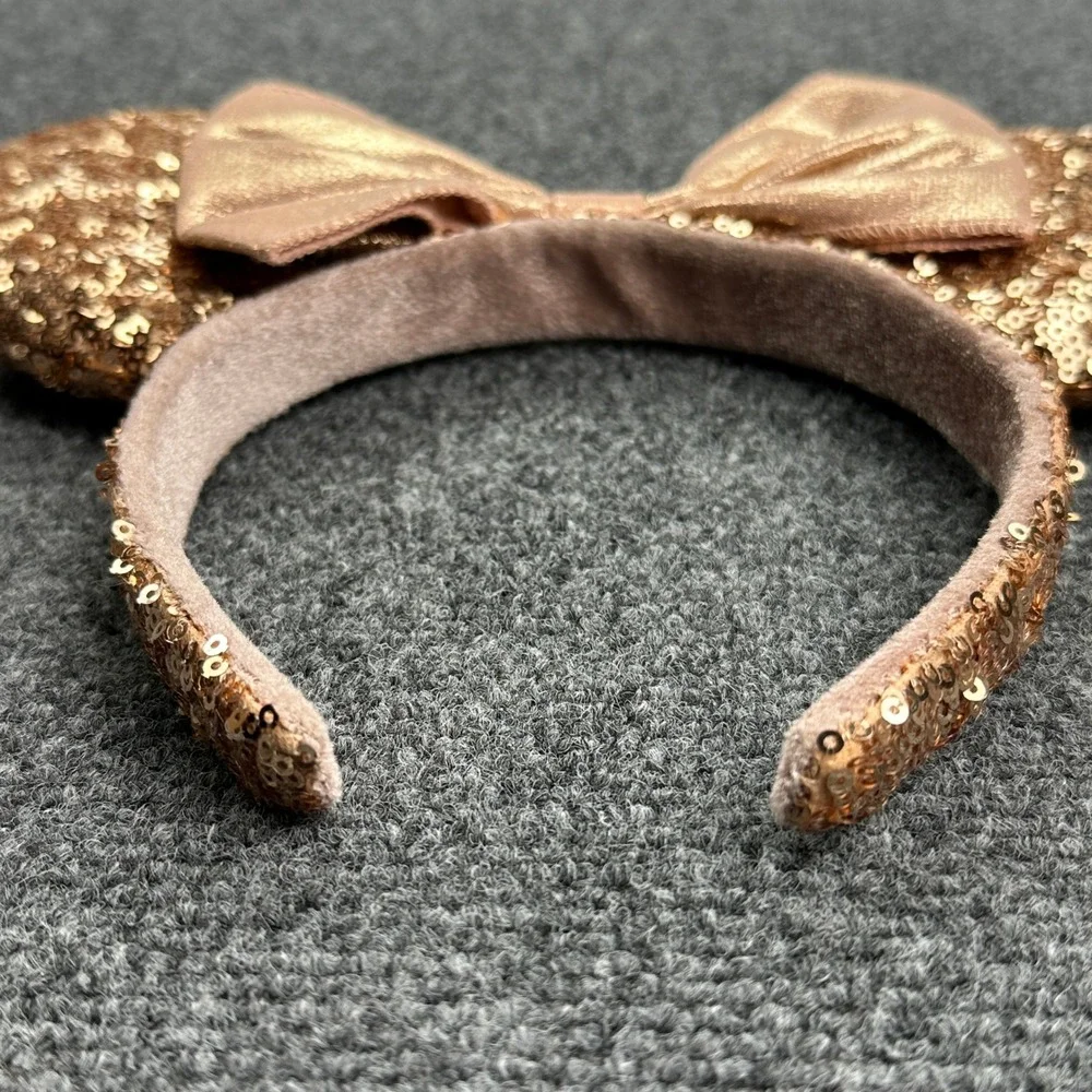 Disney Parks Minnie Mouse Ears Sequin Rose‎ Gold Pink Bow Headband Metallic